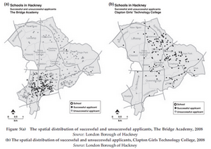 Map of successful and unsuccessful applicants to two schools in Hackney
